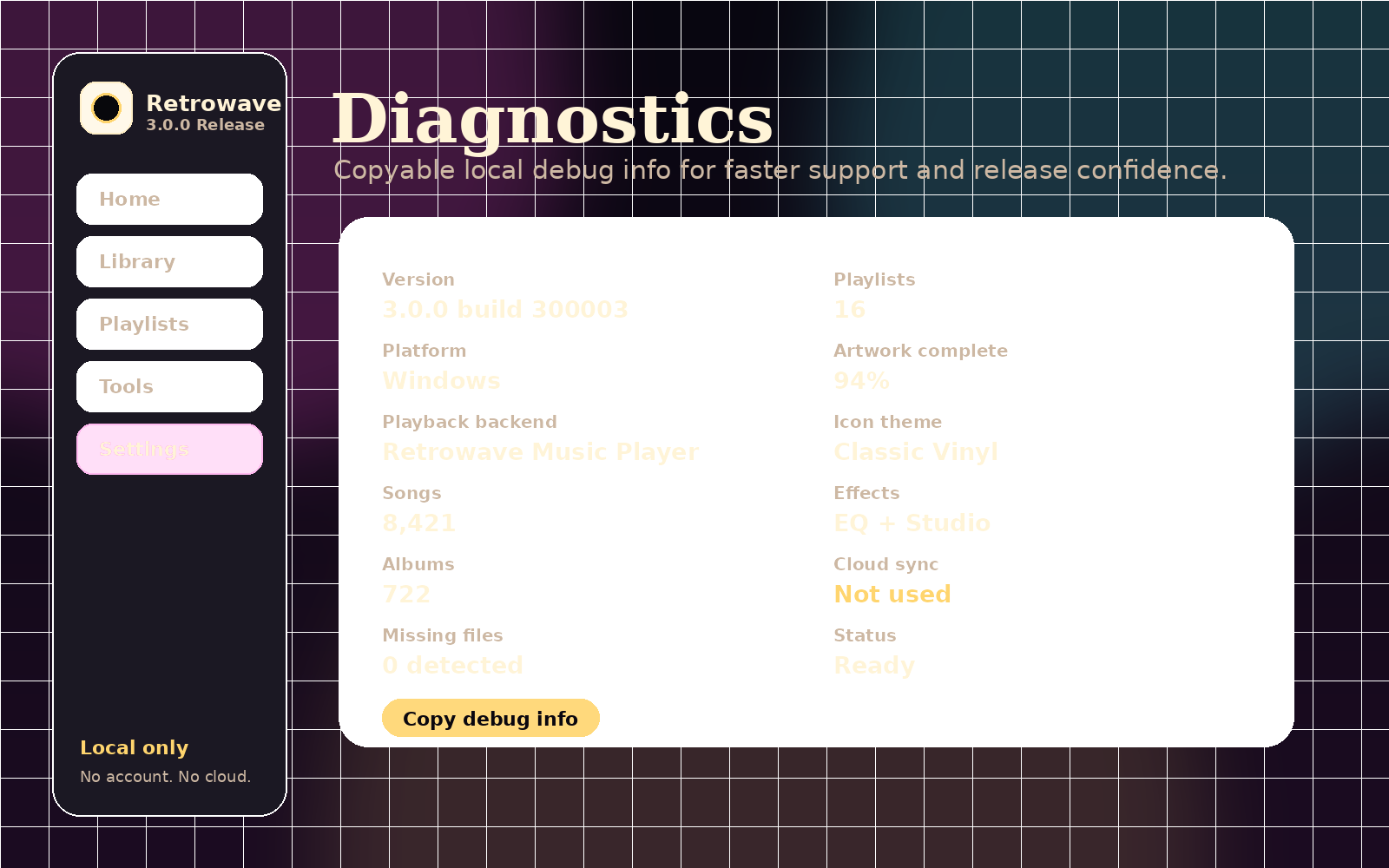 Retrowave Diagnostics screen