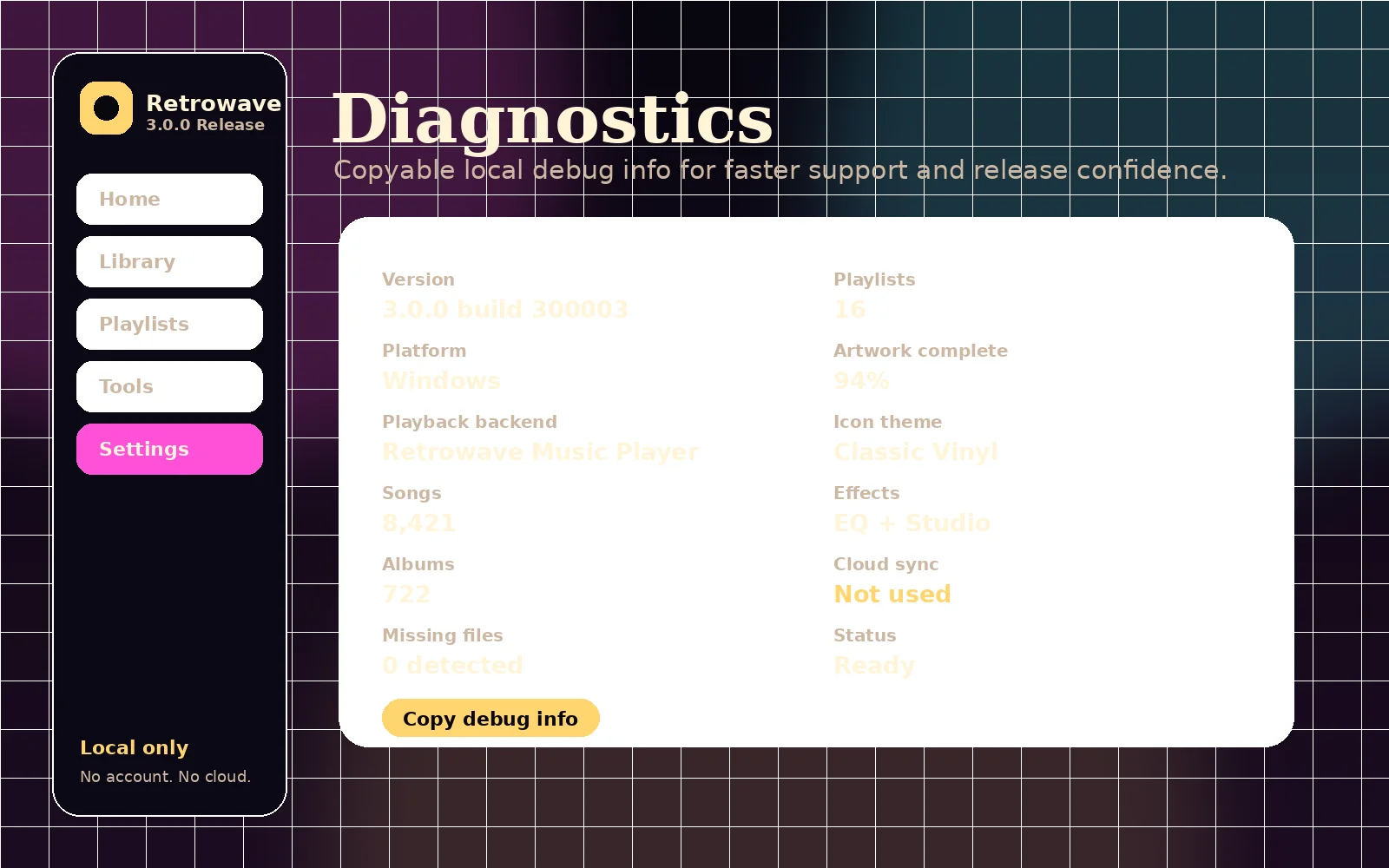 Retrowave Diagnostics screen