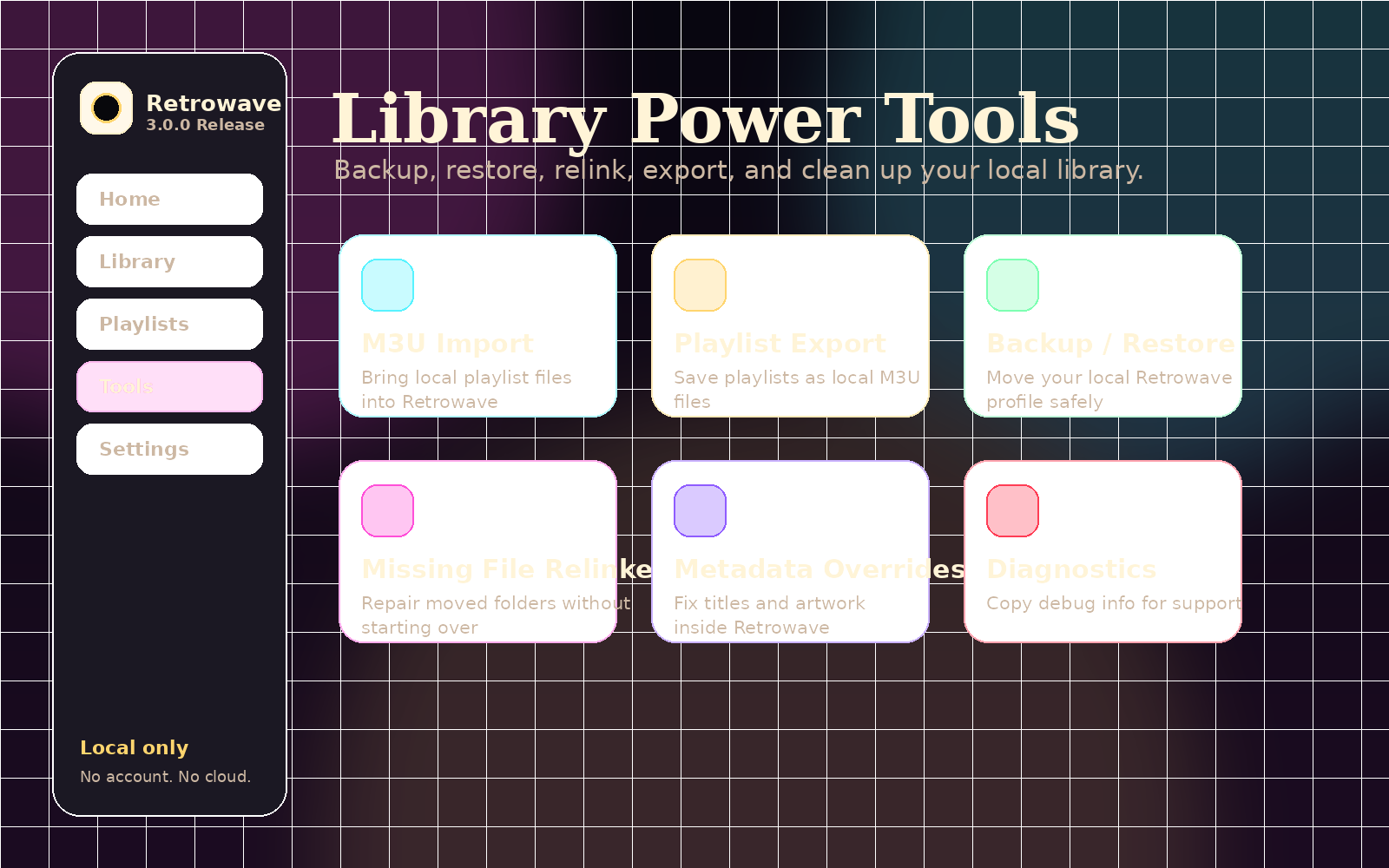 Retrowave Library Tools screen