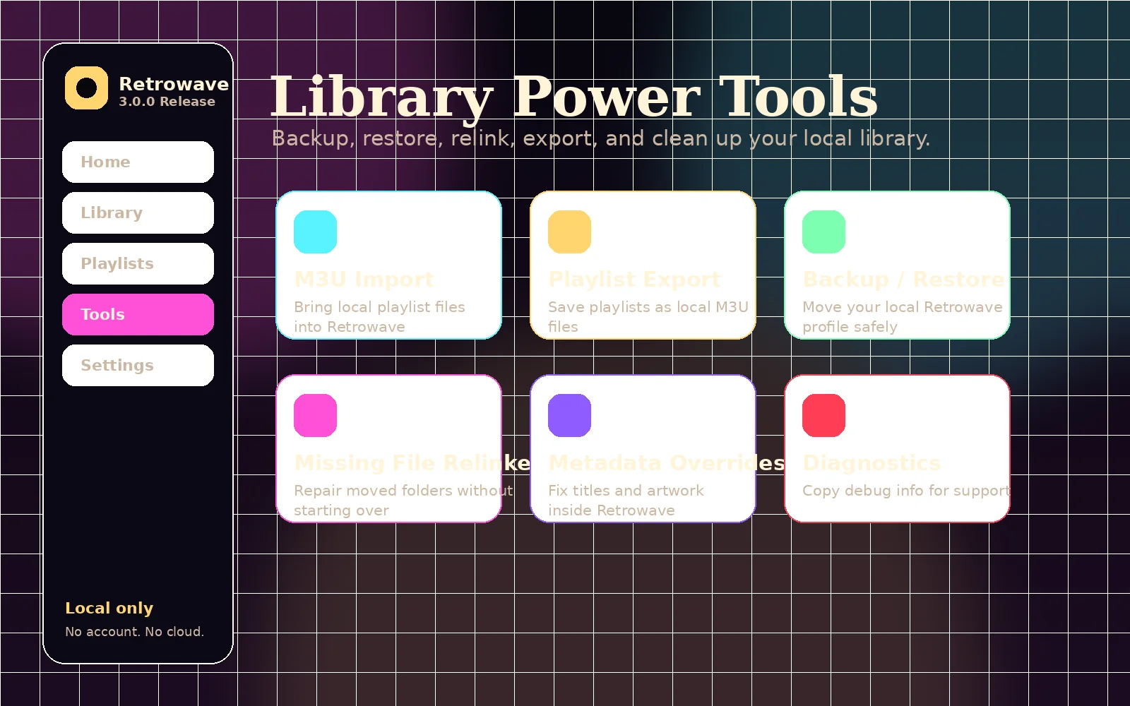 Retrowave Library Tools screen