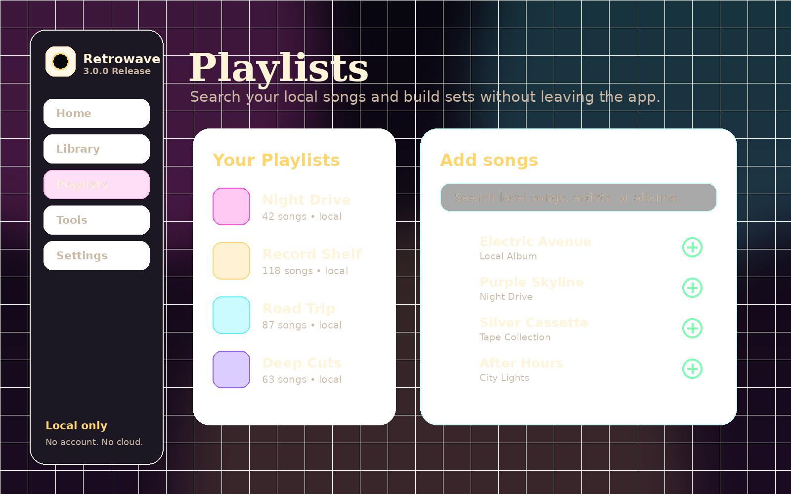 Retrowave Playlists screen