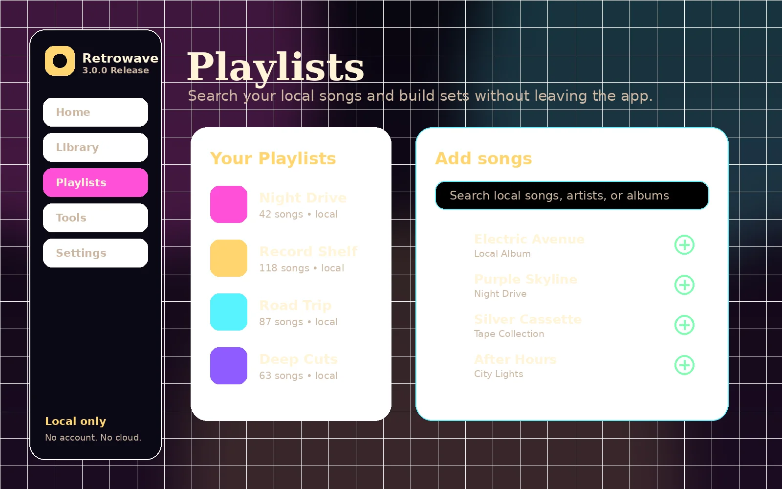 Retrowave Playlists screen